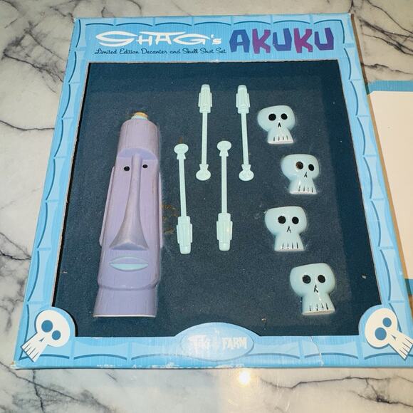 NEW Shag X Tiki Farm Decanter & 4 Skull Shot Set Akuku 2002 Mug Signed Numbered - Picture 15 of 15